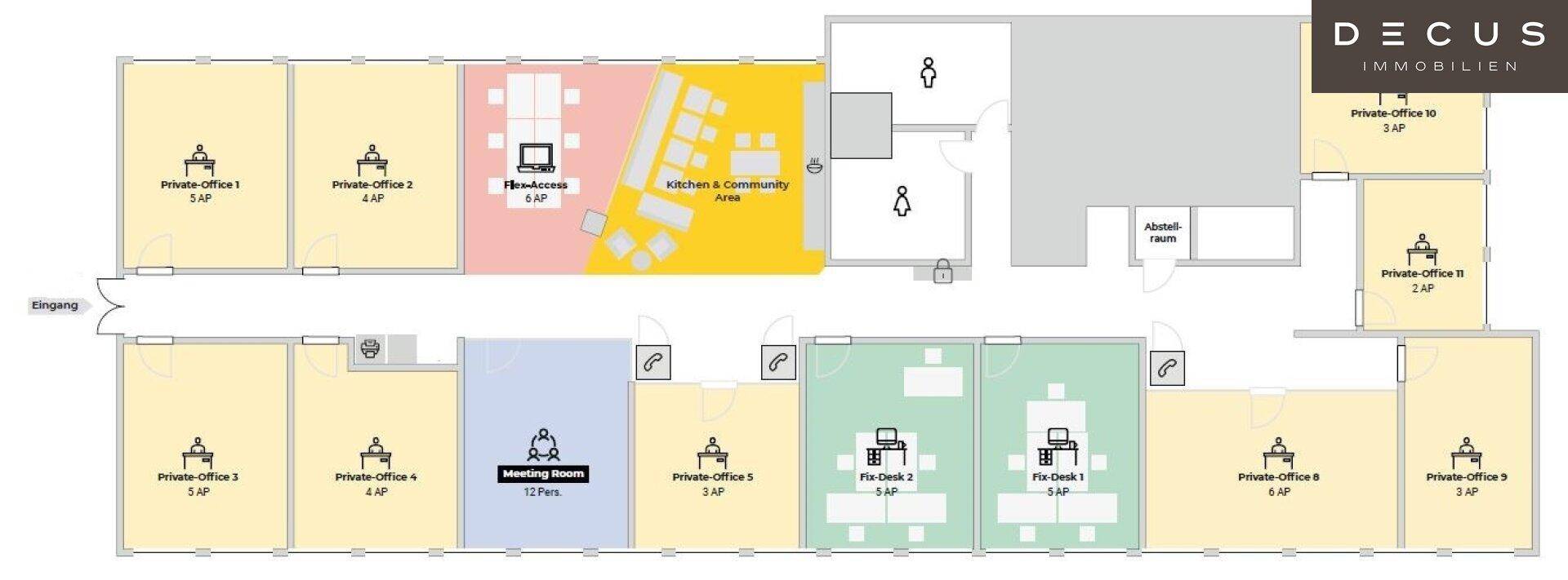 Grundrissplan eines Büros mit privaten Büros, Besprechungsräumen und Gemeinschaftsbereichen.