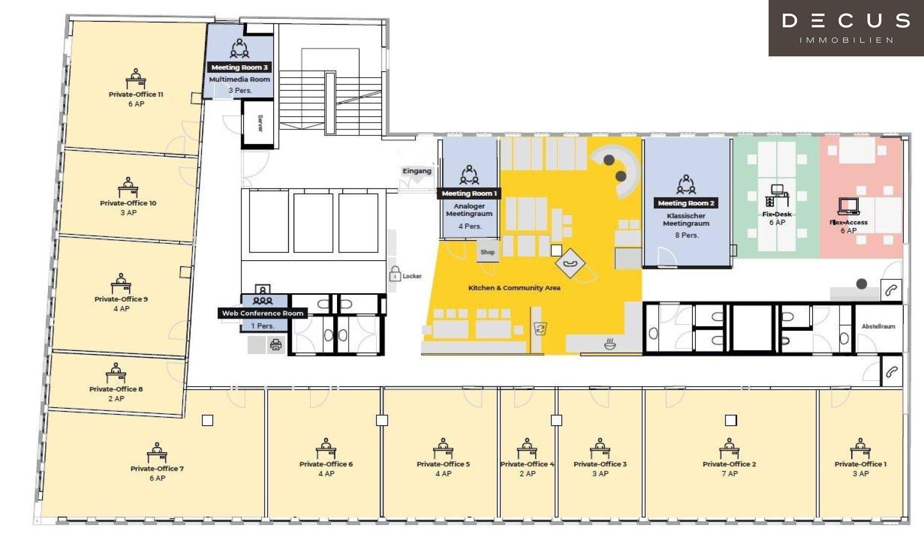 Detaillierter Grundriss eines Bürokomplexes mit privaten Büros, Besprechungsräumen und Gemeinschaftsbereichen.