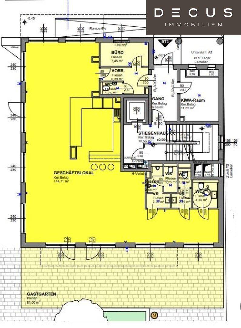 Grundriss eines Geschäftslokals mit Büro, Lagerraum, WC-Anlagen und einem Gastgarten von 81 m².