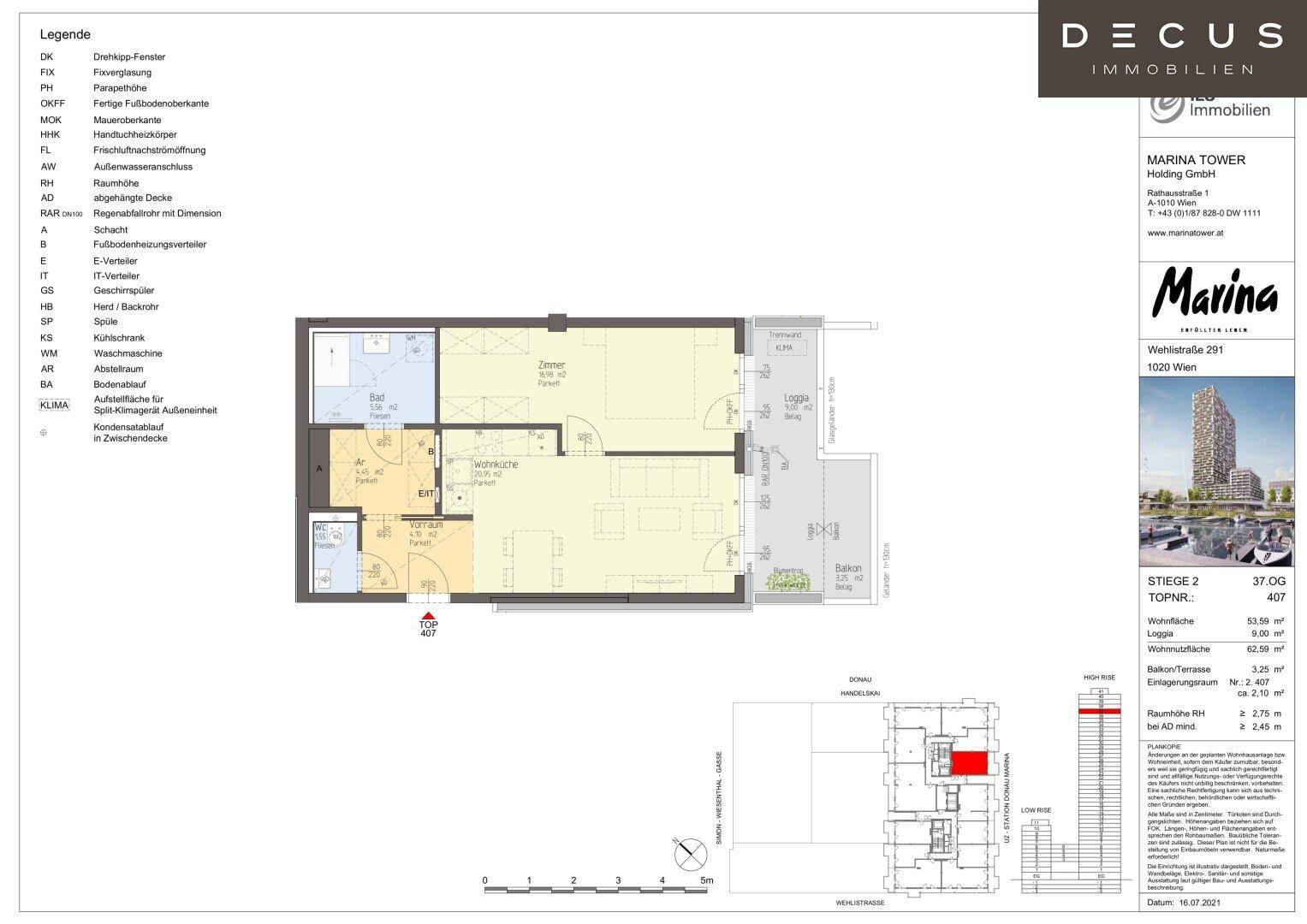 Grundriss einer Wohnung mit offenem Wohnbereich, zwei Bädern und einem Balkon.