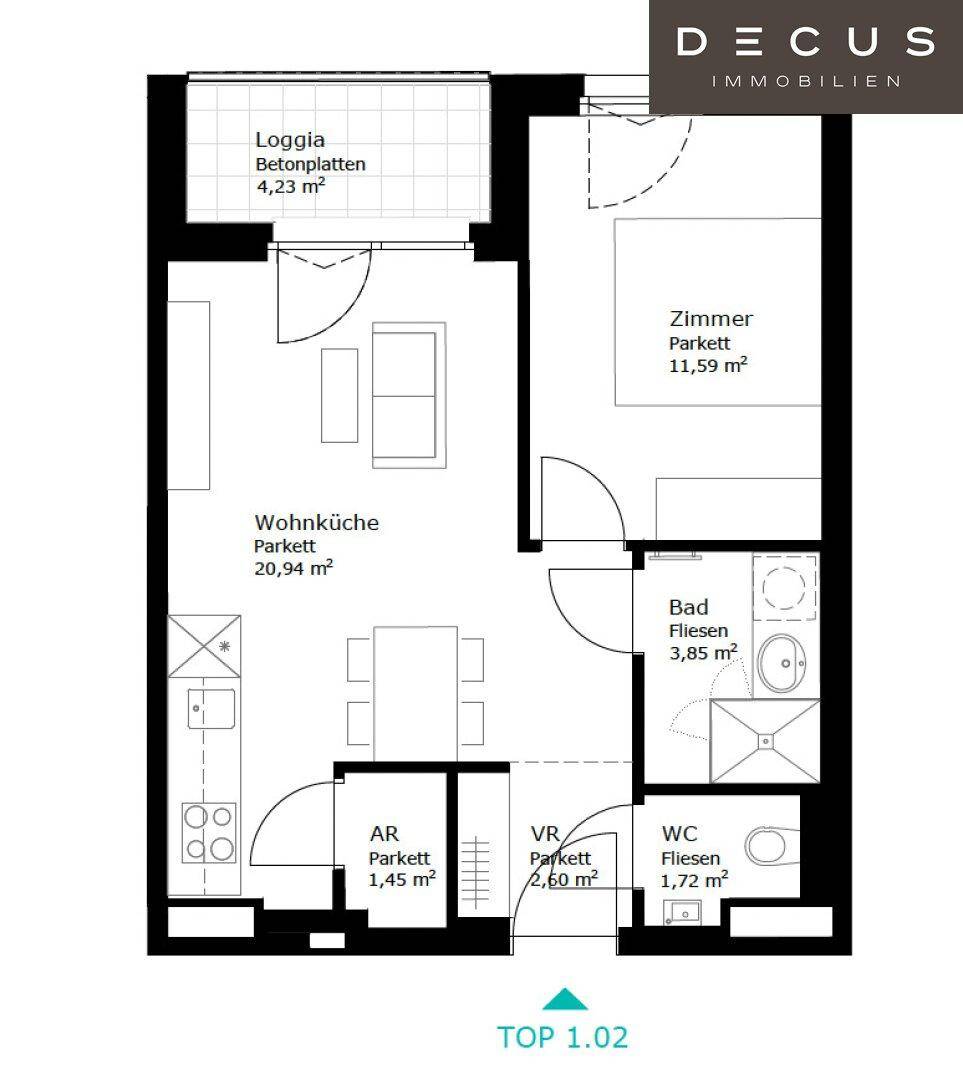 Detaillierter Grundriss einer Wohnung mit Wohnküche, Zimmer, Bad und Loggia.