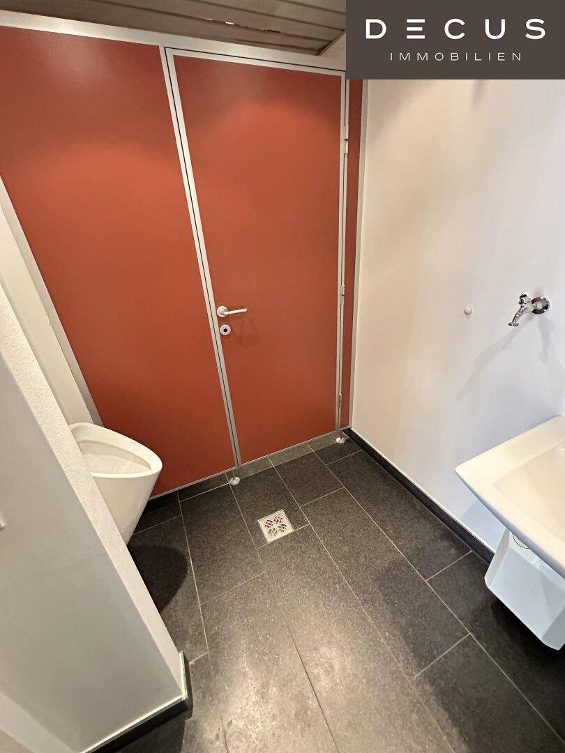 Saubere und funktionale Toilette mit dunklen Bodenfliesen und roten Trennwänden, ausgestattet mit einem Waschbecken.