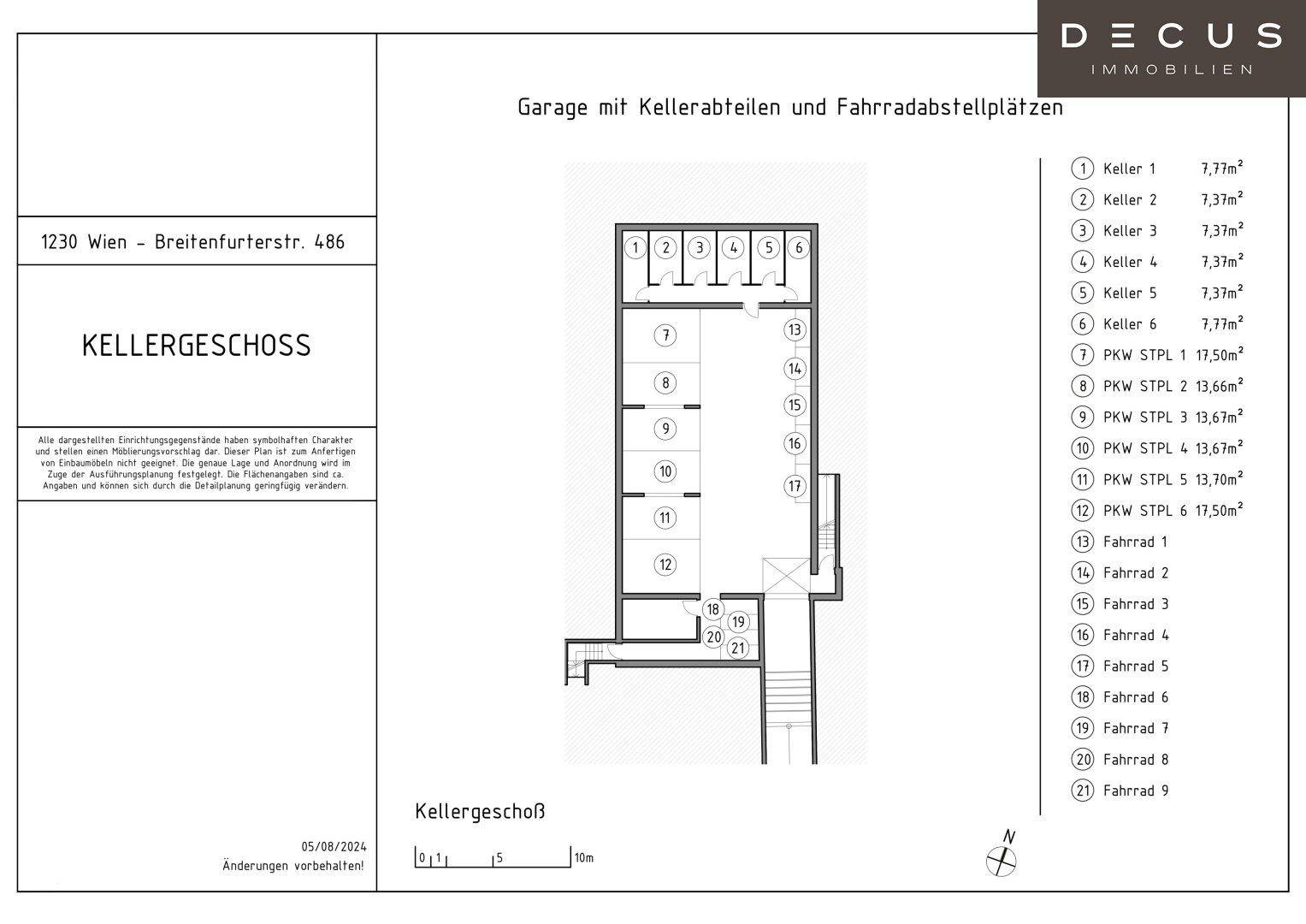 Grundriss des Kellergeschosses mit individuellen Kellerabteilen und Fahrradabstellplätzen.