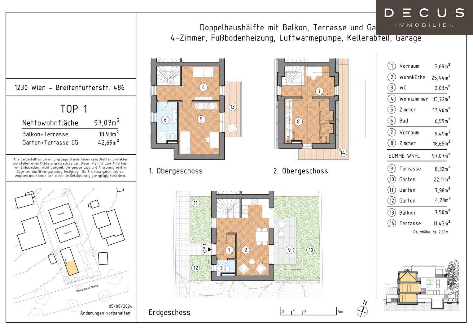 Grundriss der Doppelhaushälfte TOP 1 mit drei Etagen, Balkon, Terrasse und Gartenflächen.
