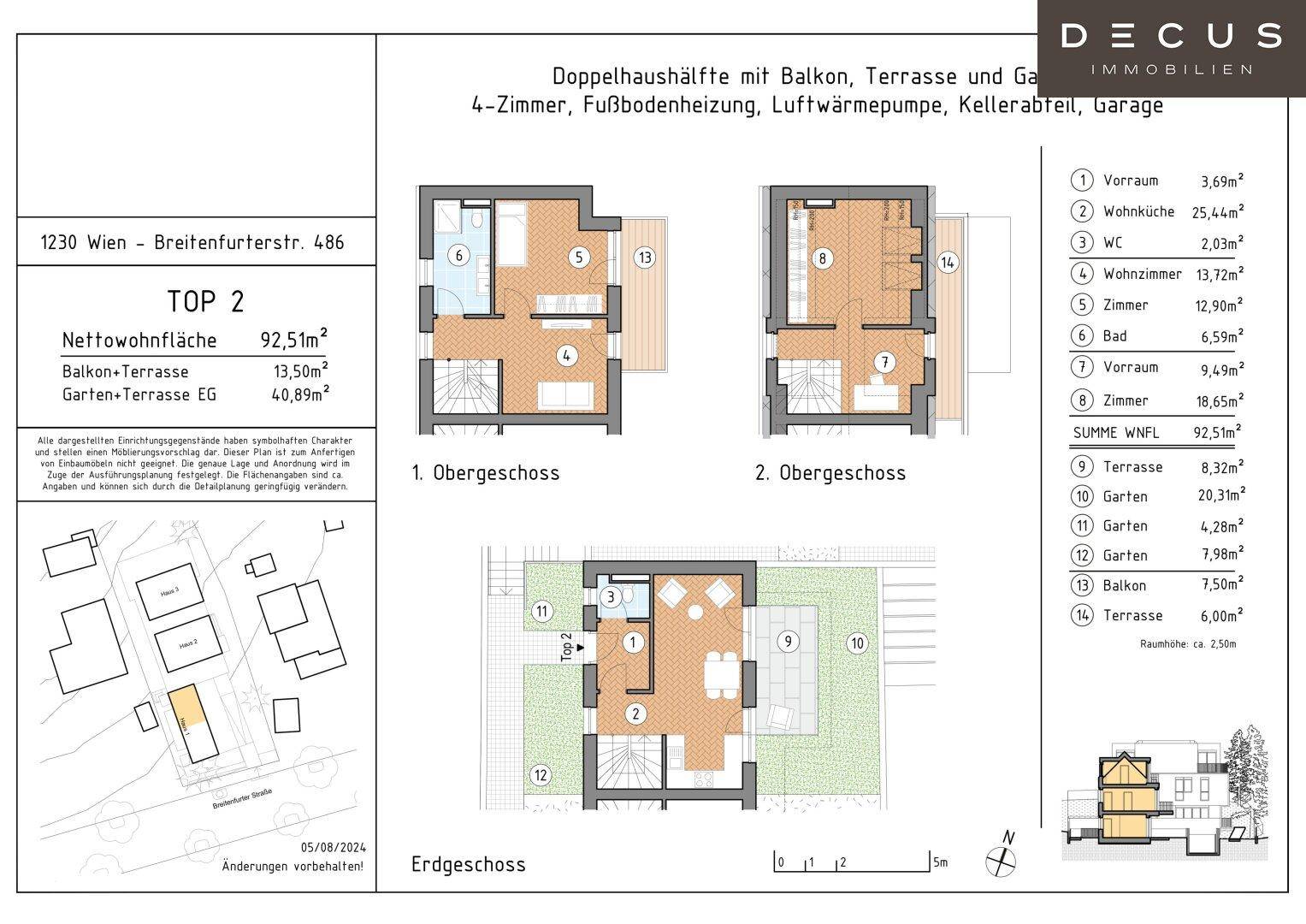 Detaillierter Grundriss für eine Doppelhaushälfte mit drei Etagen, Balkon, Terrasse und Garten.