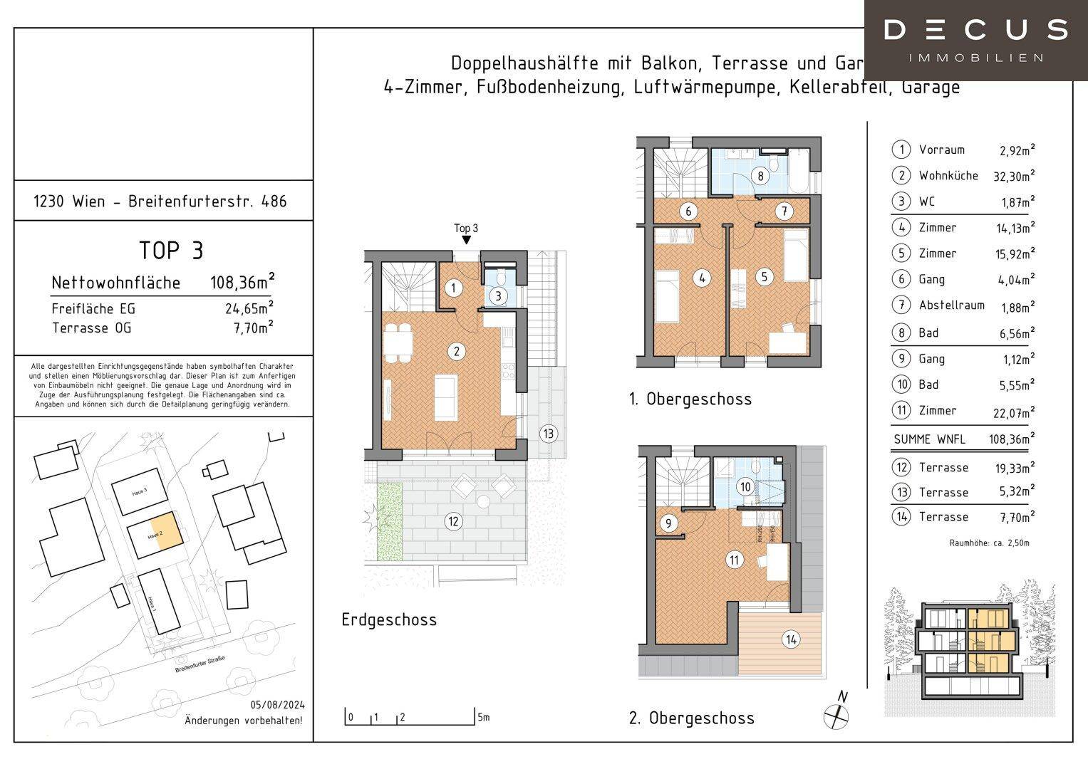 Detaillierter Grundriss für Top 3 mit Erdgeschoss, erstem und zweitem Obergeschoss.