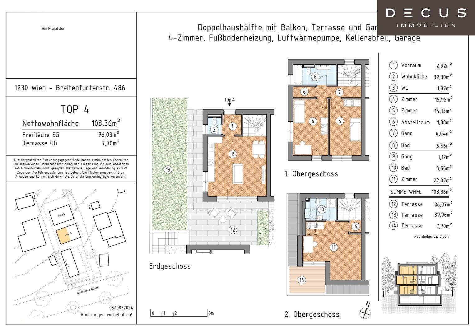 Grundriss für eine Doppelhaushälfte mit drei Etagen, Balkon, Terrasse und Garten.