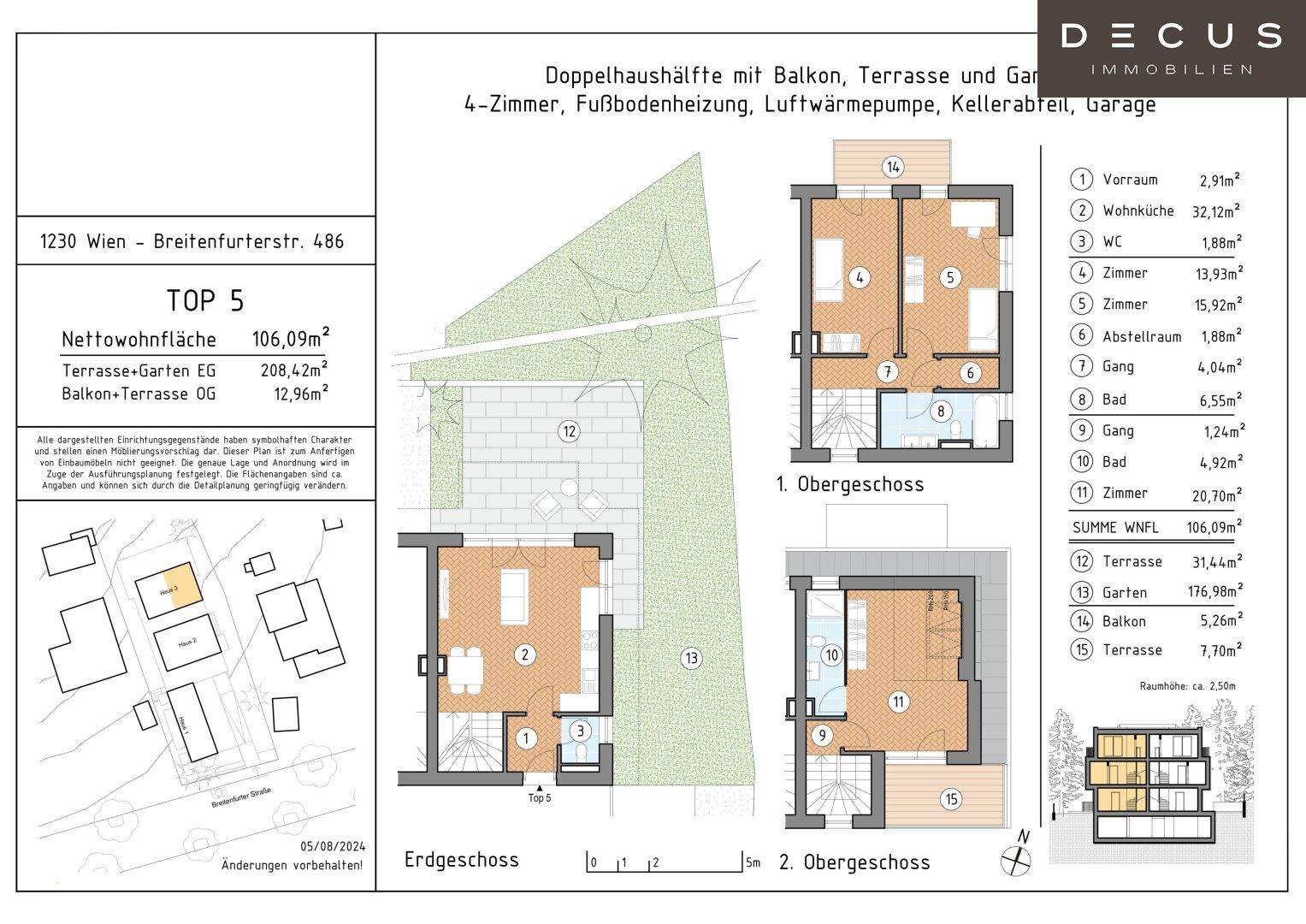 Detaillierter Grundriss eines Doppelhauses mit Erdgeschoss, Obergeschoss und Dachgeschoss.