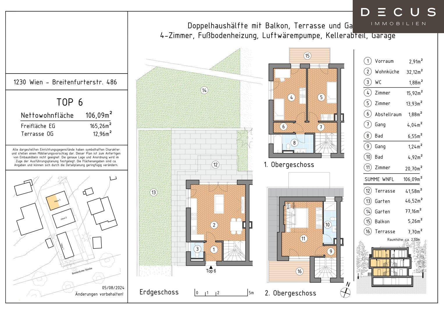 Detaillierter Grundriss einer Doppelhaushälfte mit drei Etagen, Balkon, Terrasse und Garten.