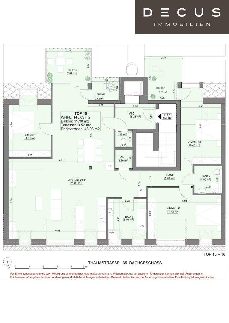 Grundriss des Dachgeschosses mit einer großen Wohneinheit, Balkonen, Dachterrasse und zwei Bädern.