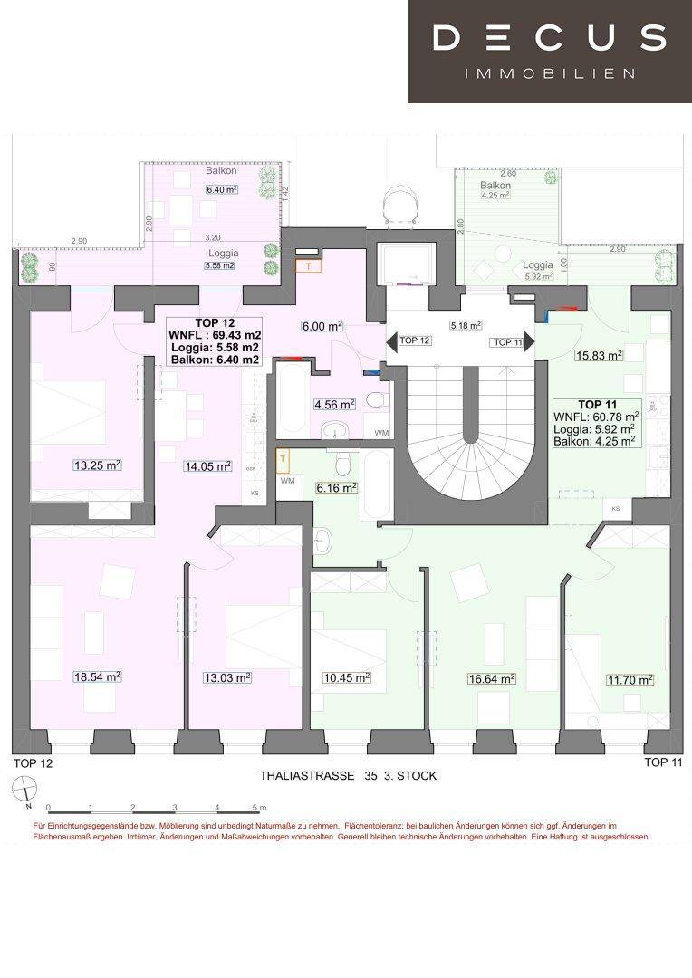 Grundriss des 3. Stocks mit zwei Wohneinheiten, Balkonen, Loggien, Bädern und separatem WC.
