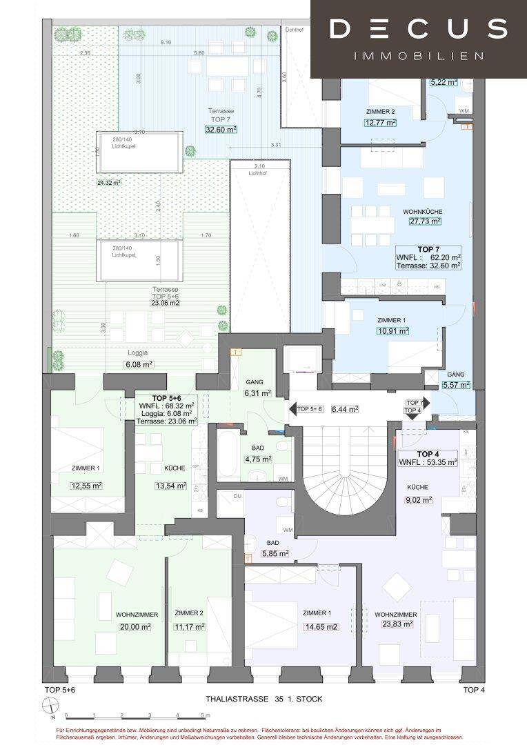 Detaillierter Grundriss mit verschiedenen Wohneinheiten, Terrassen und Loggia.