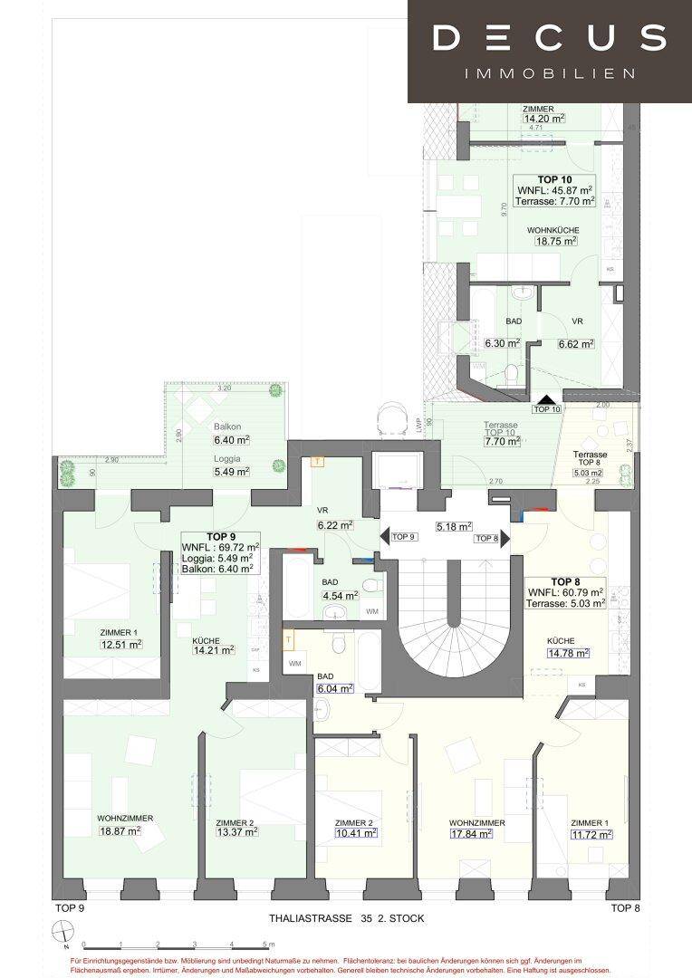 Detaillierter Grundrissplan mit verschiedenen Wohneinheiten und Flächenangaben.