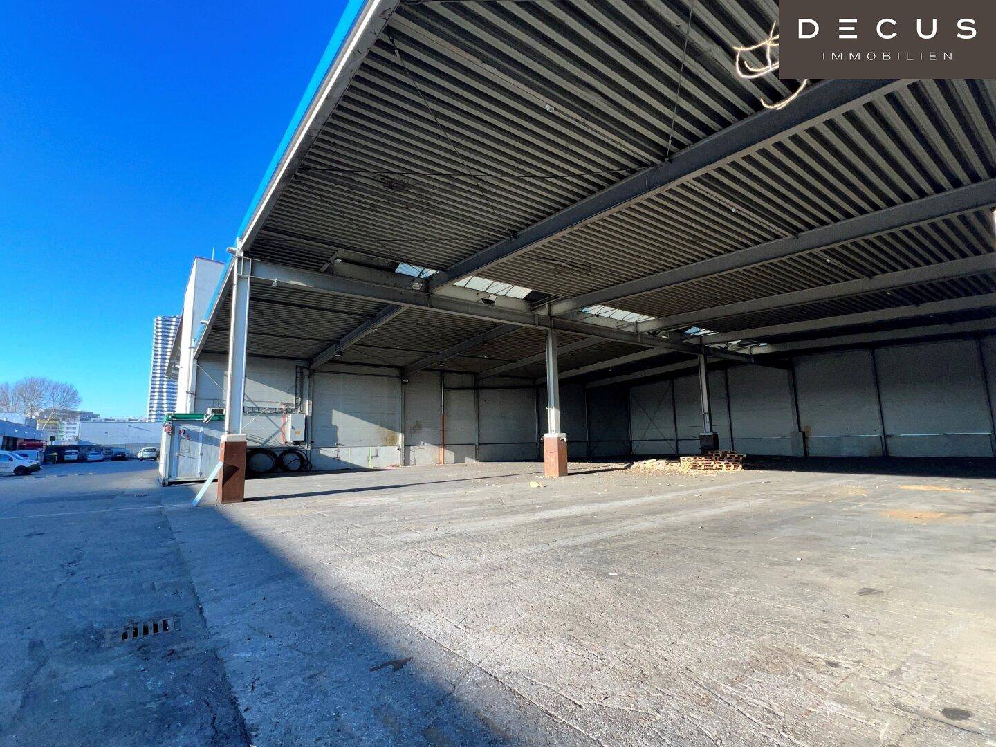 Blick in die offene Industriehalle mit Betonboden und sichtbarer Metallkonstruktion des Daches bei Sonnenschein.