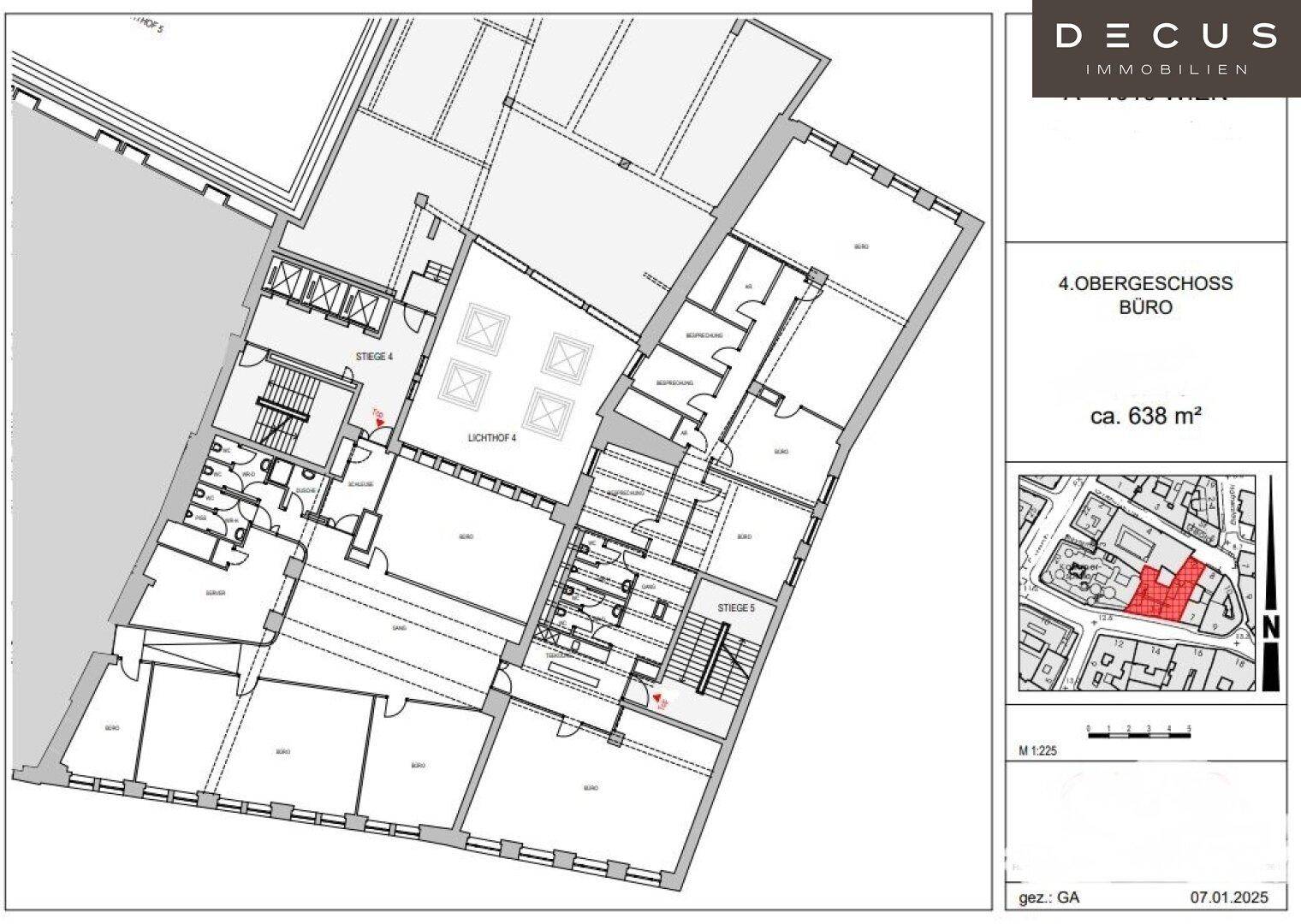 Grundriss des 4. Obergeschosses mit einer Fläche von ca. 638 m² und mehreren Büroräumen.
