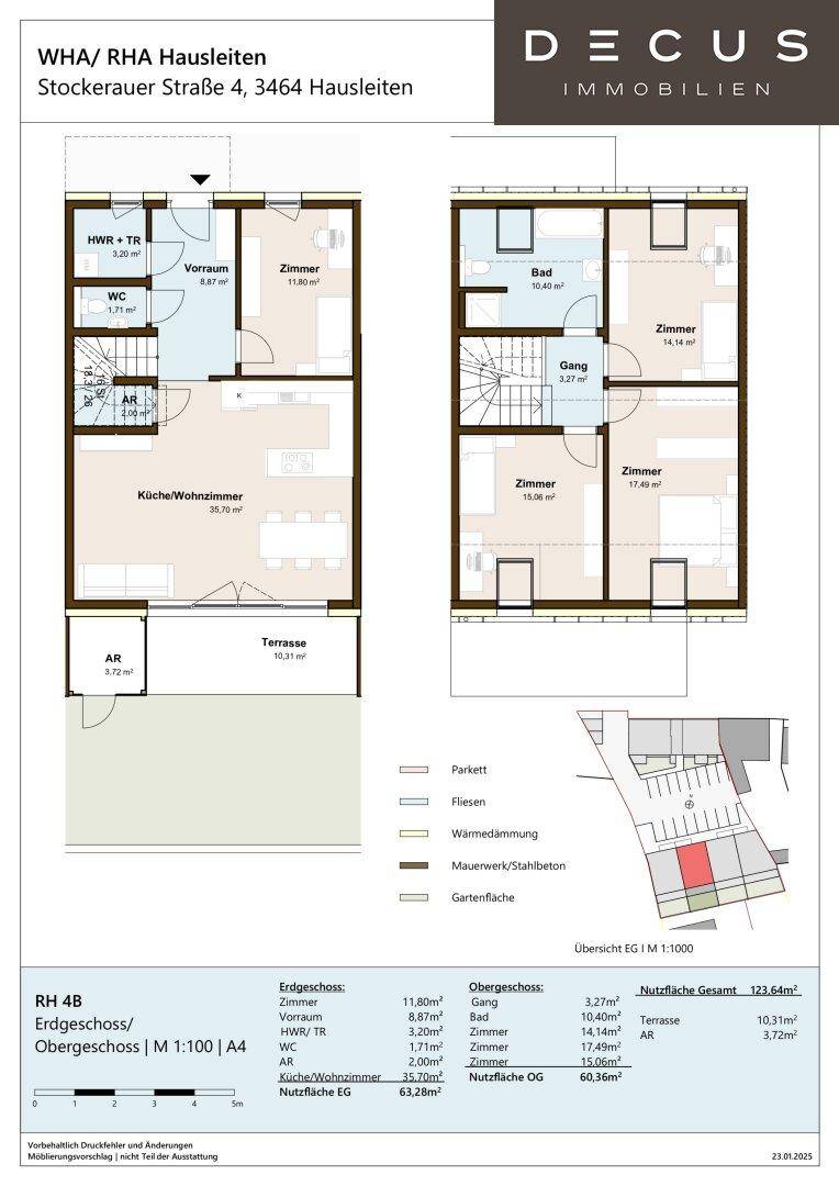Grundriss des Erd- und Obergeschosses mit detaillierter Raumaufteilung und Flächenangaben.