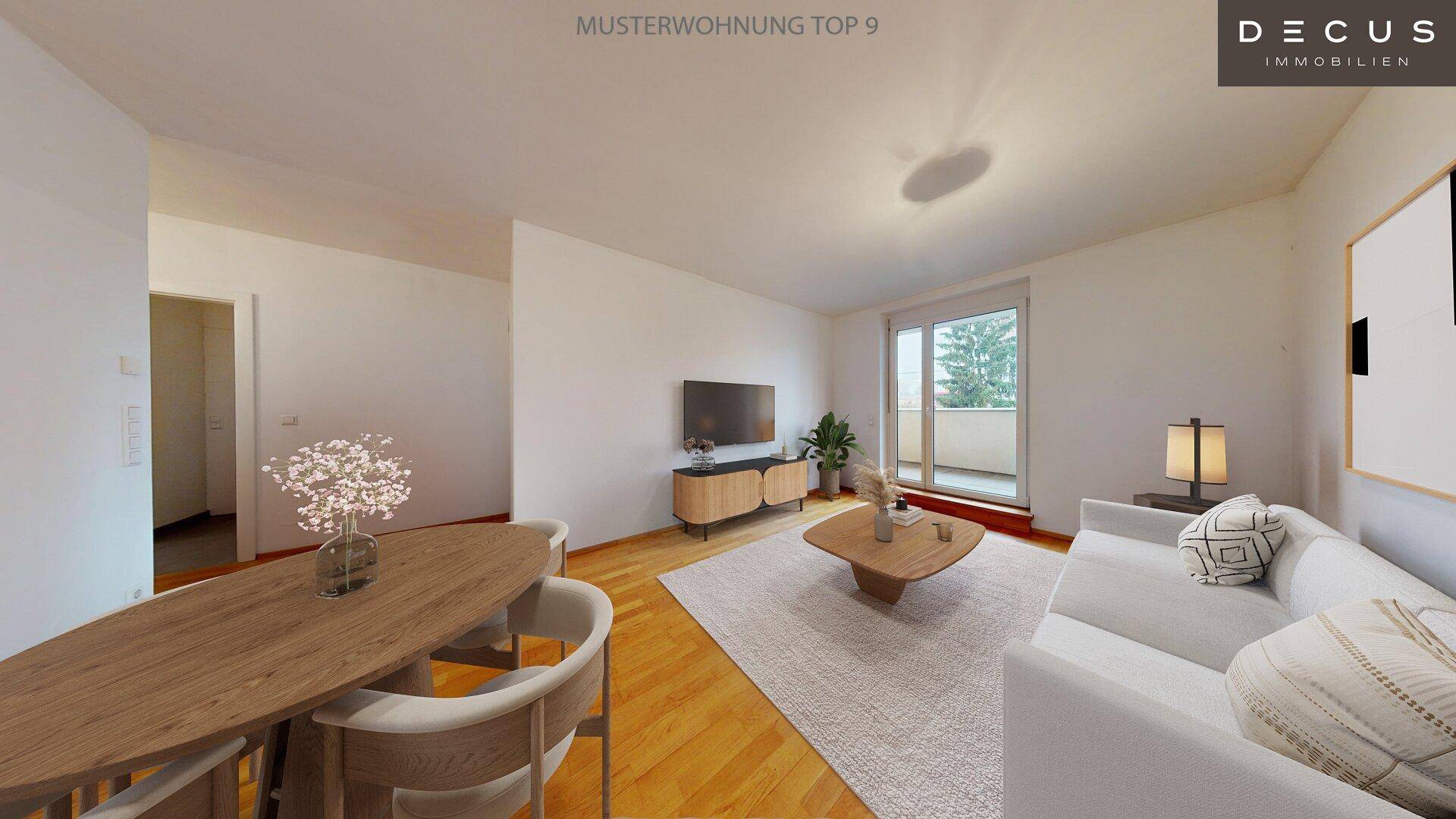 Moderner Wohn- und Essbereich mit Holzboden, stilvollen Möbeln und Zugang zum Balkon.