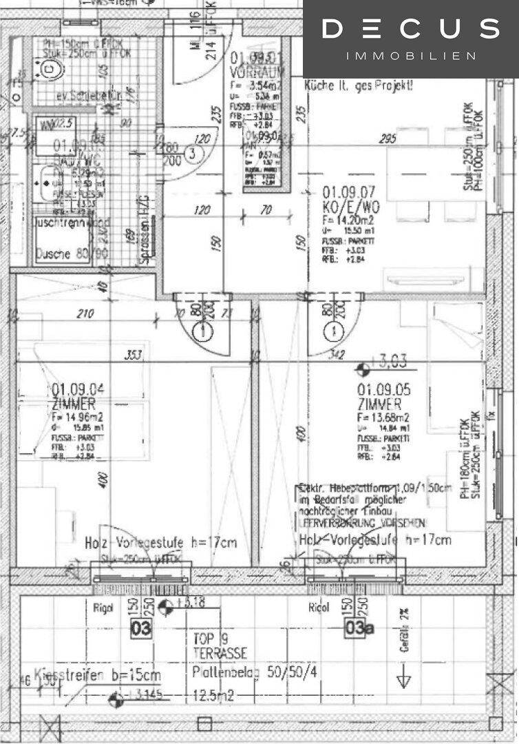 Detaillierter Grundriss einer Wohnung mit Terrasse und mehreren Zimmern.