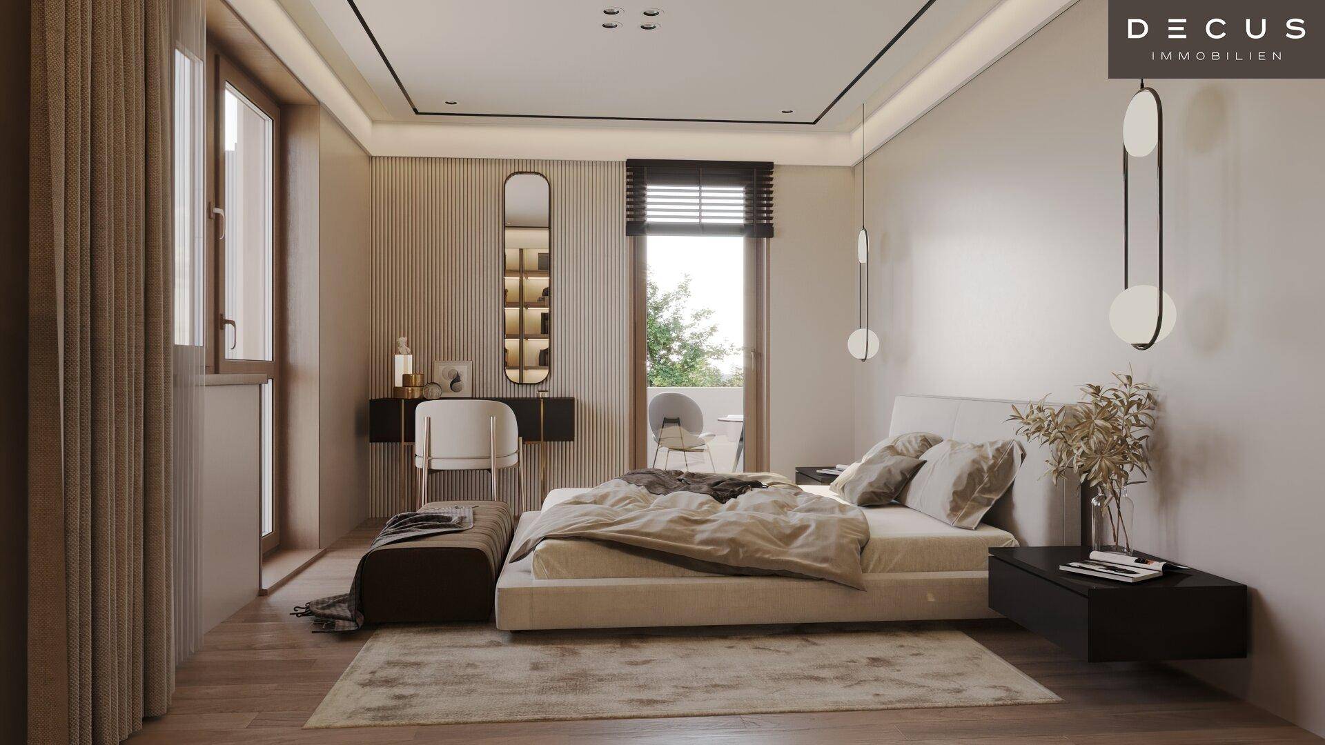 Helles Schlafzimmer mit modernem Bett, Holzboden und Zugang zu einem kleinen Balkon.
