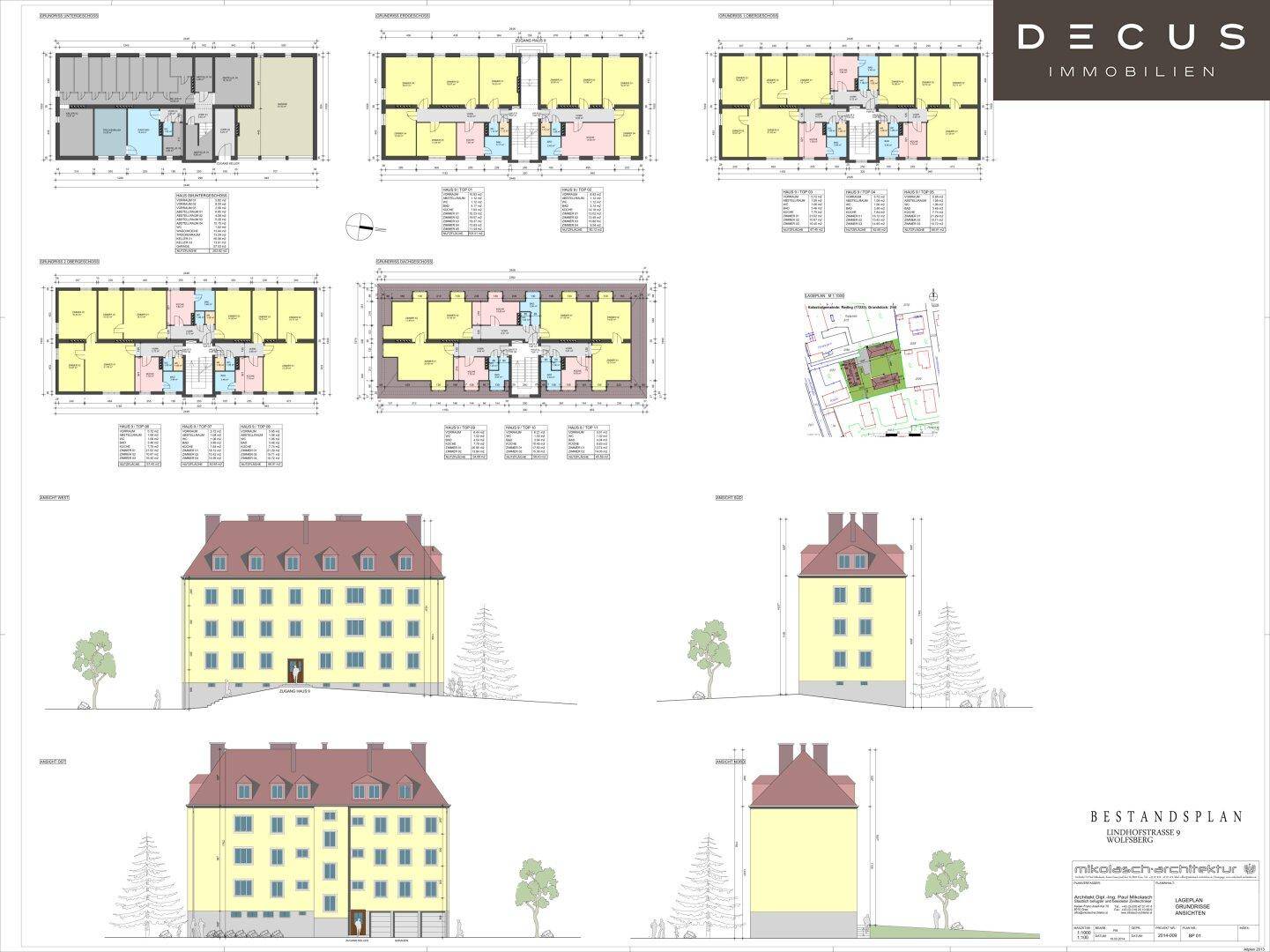 Umfassender Bestandsplan mit Grundrissen und Ansichten des gesamten Gebäudekomplexes.