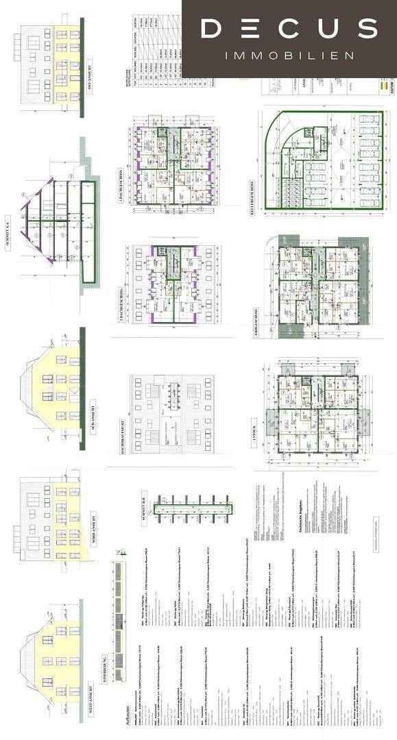 Übersicht der Grundrisse und architektonischen Zeichnungen eines modernen Neubaus mit verschiedenen Wohneinheiten und Tiefgarage.