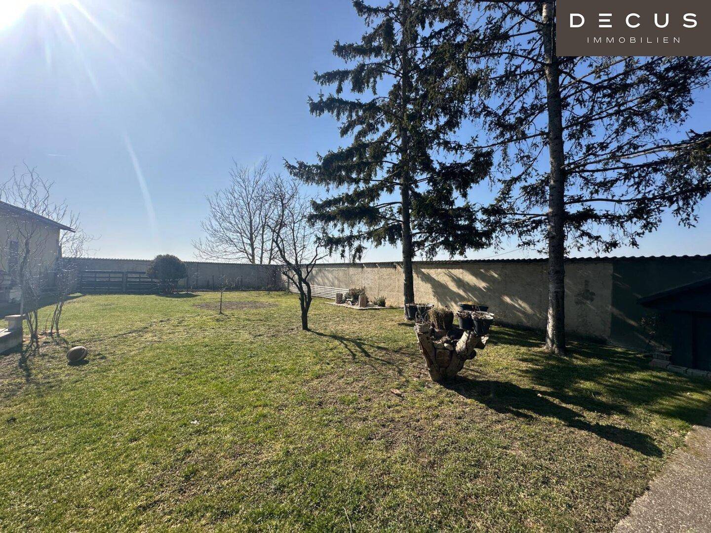 Weitläufiger Garten mit Rasenfläche, Bäumen und sonniger Ausrichtung.