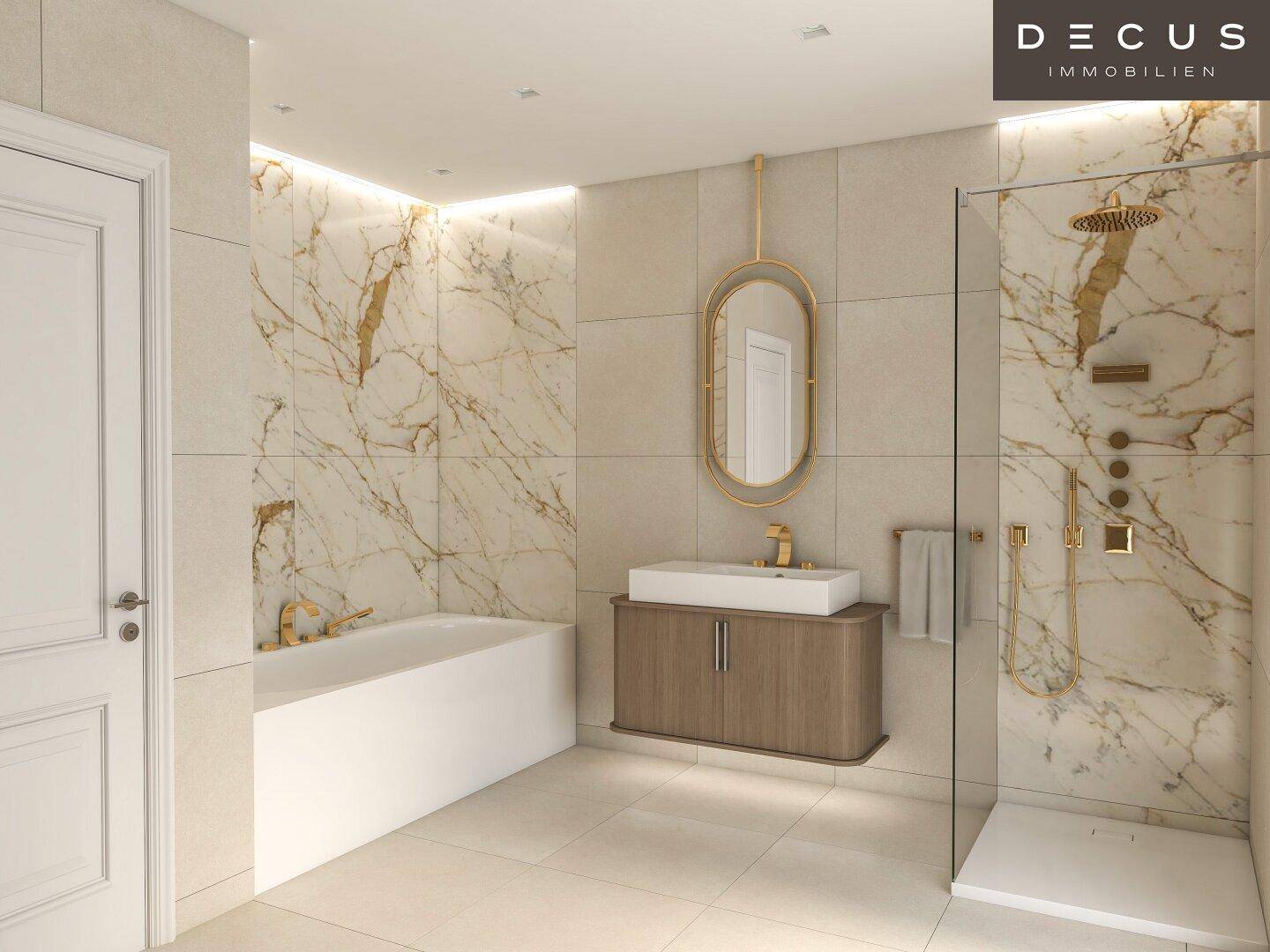 Luxuriöses Badezimmer mit Marmorfliesen, freistehender Badewanne und moderner Walk-in-Dusche.