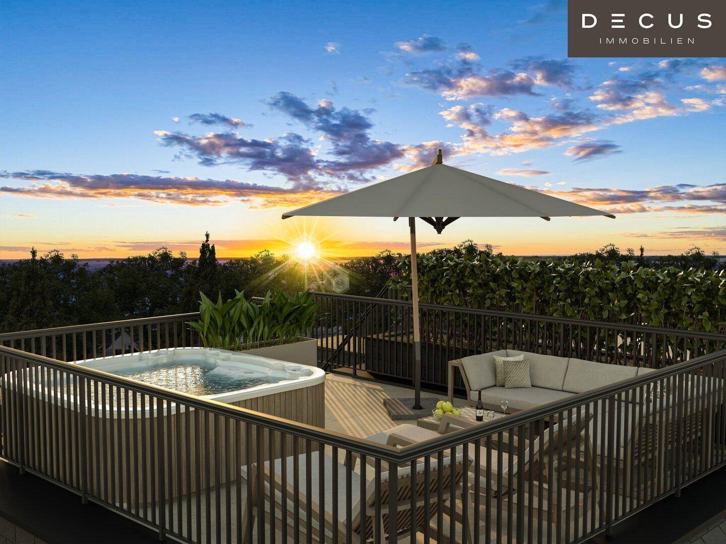Geräumige Dachterrasse mit Whirlpool, Lounge-Möbeln und weitem Blick in die Ferne bei Sonnenuntergang.