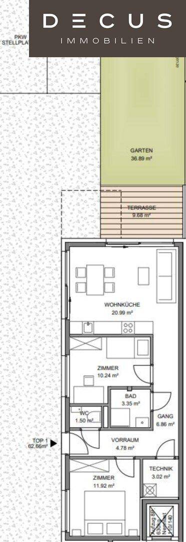 Grundriss für Top 1 mit Wohnküche, zwei Zimmern, Bad, WC, Terrasse und Garten.
