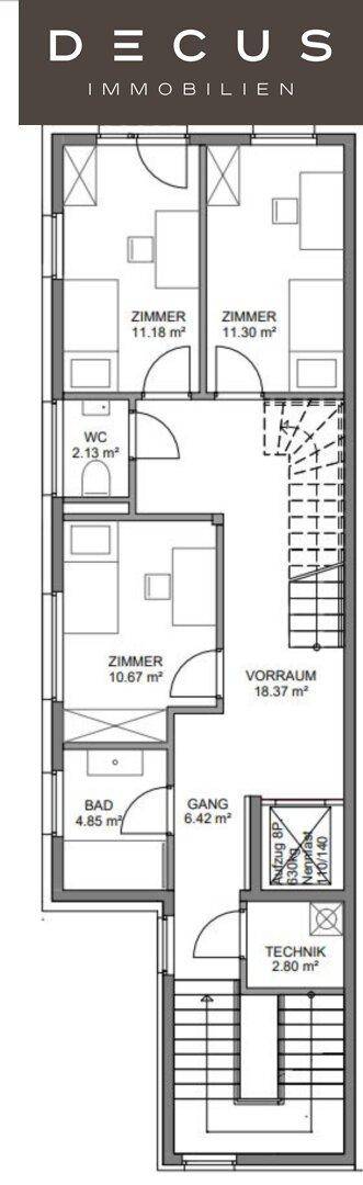Grundriss mit drei Zimmern, Bad, separatem WC, Vorraum und Treppenaufgang.