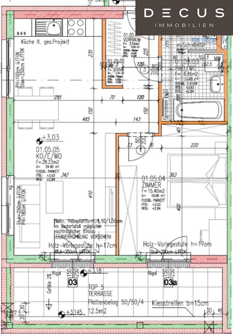 Grundriss der Wohnung mit offener Küche, Wohnbereich und Zugang zur Terrasse.