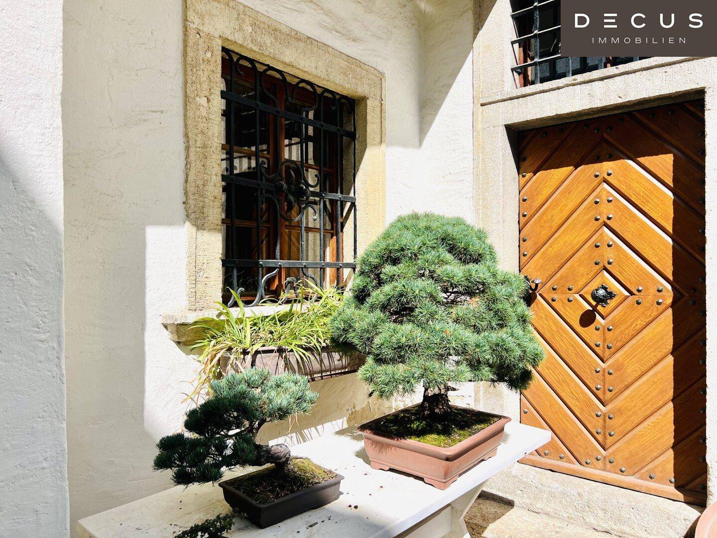 Bonsai-Bäume vor einer kunstvoll geschnitzten Holztür im historischen Innenhof.