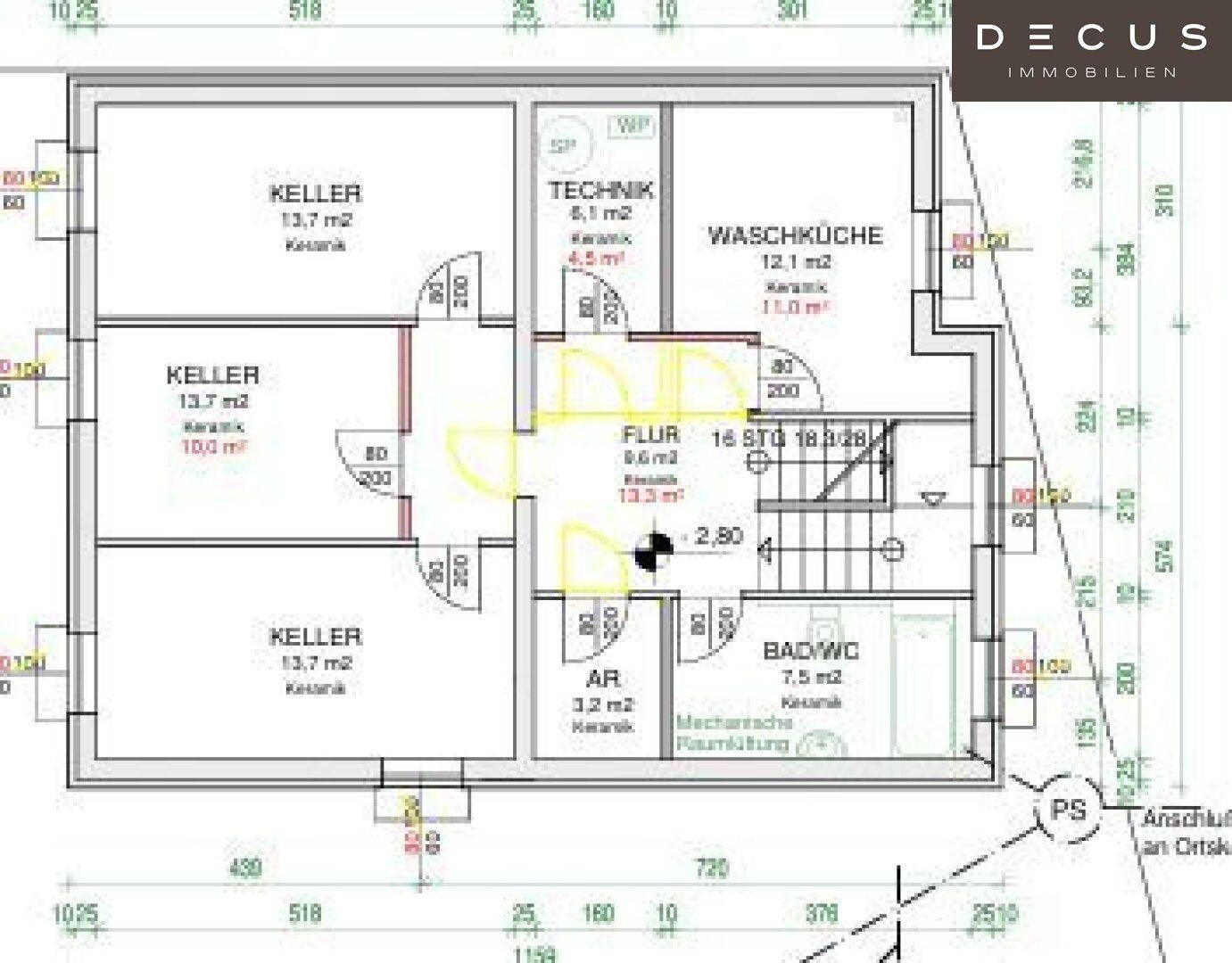 Grundrissplan des Kellergeschosses mit mehreren Kellerräumen, Technik und Waschküche.