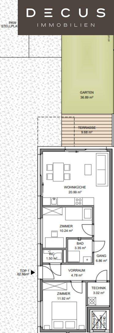 Grundriss von TOP 1 mit offener Wohnküche, zwei Zimmern, Bad, WC, Terrasse und Garten.