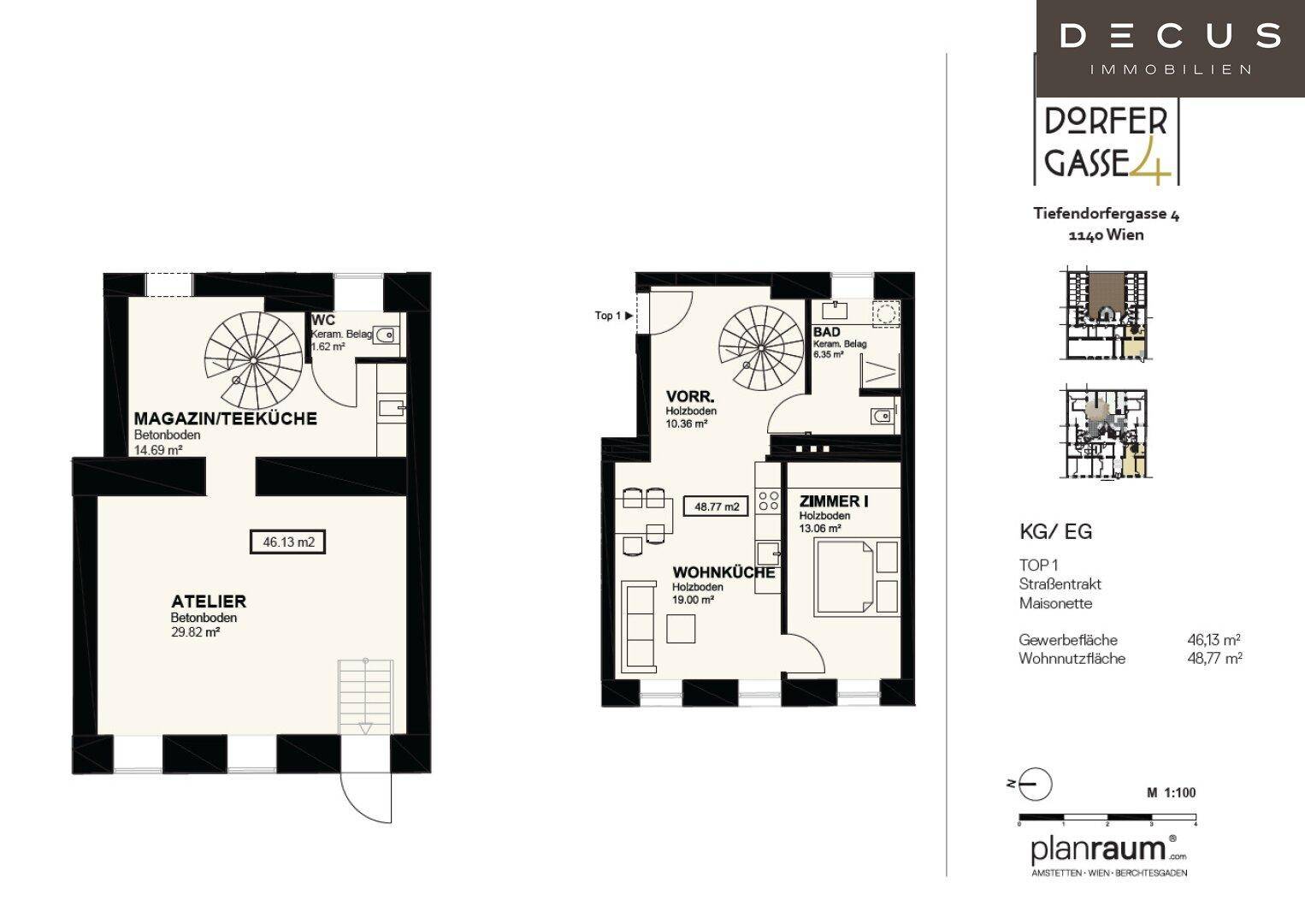 Detaillierter Grundrissplan einer Maisonette-Wohnung mit offener Wohnküche, Schlafzimmer und zwei Bädern auf zwei Ebenen.