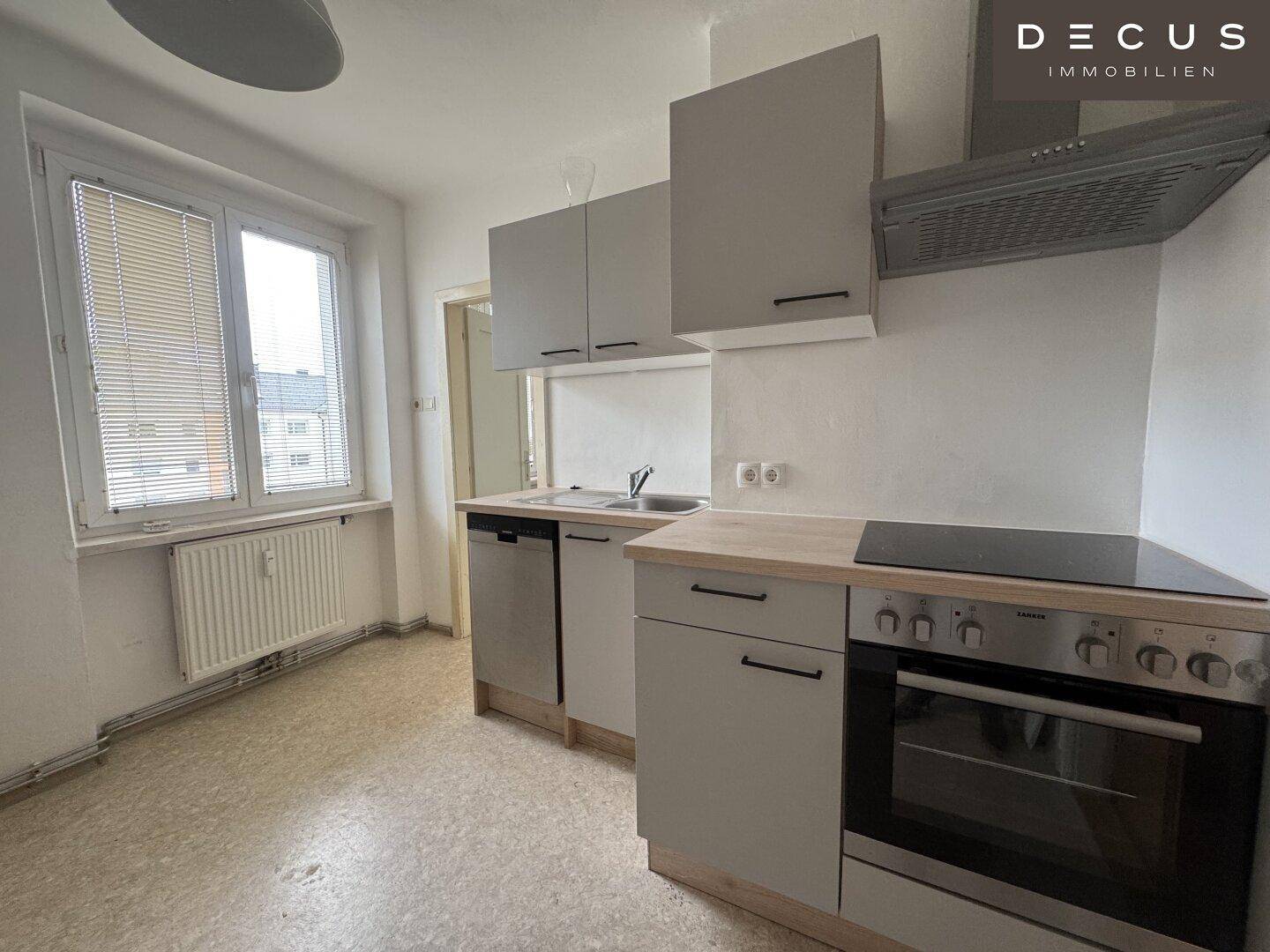 Moderne Einbauküche mit hellgrauen Schränken, Induktionskochfeld und Geschirrspüler.