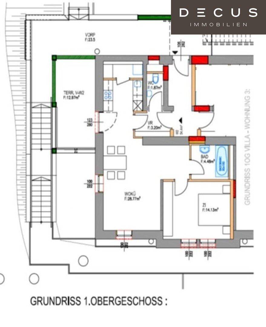Grundriss des 1. Obergeschosses mit Wohnbereich, Schlafzimmer und Terrasse.