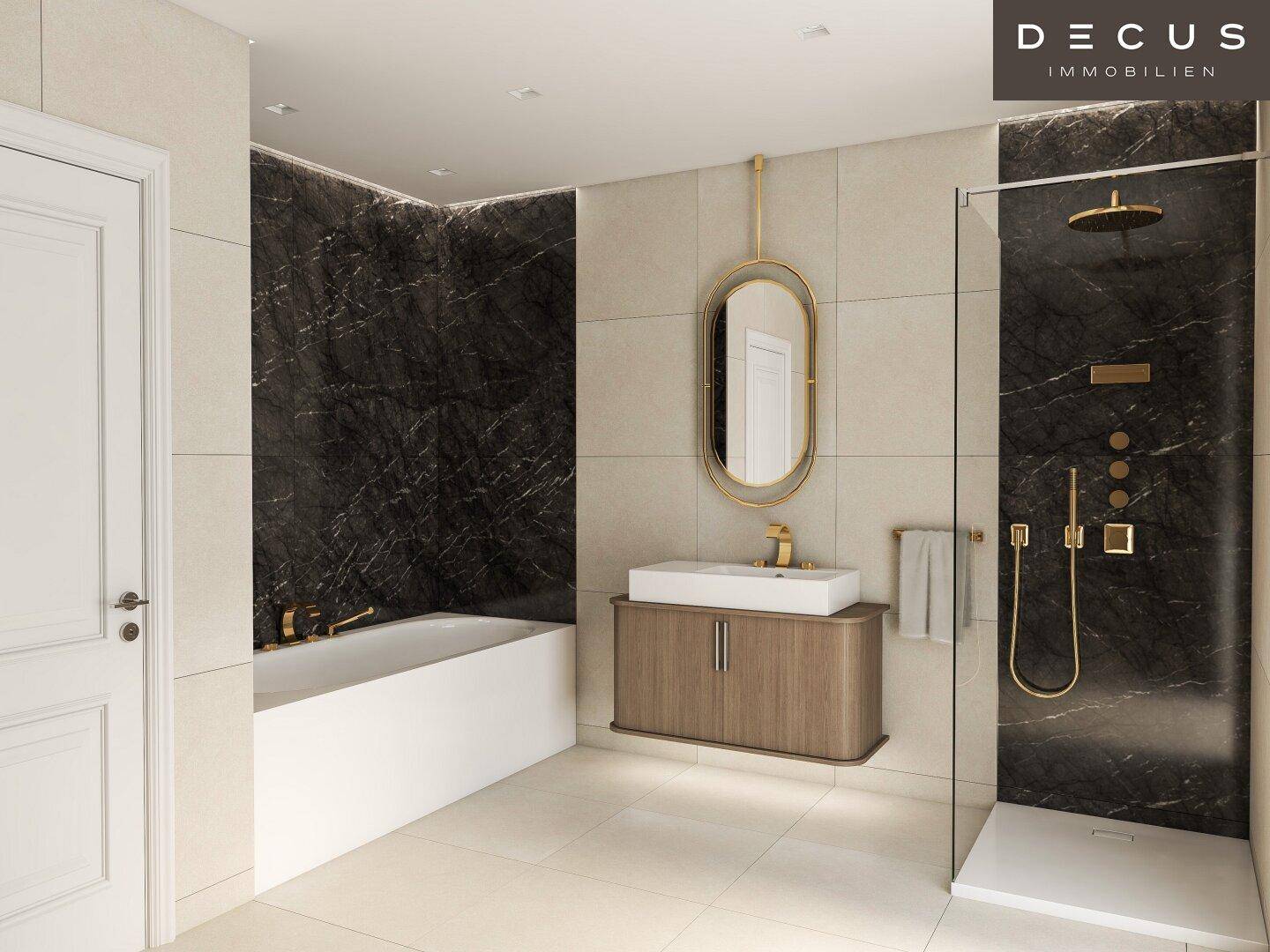 Modernes Badezimmer mit dunklen Marmorfliesen, Badewanne und begehbarer Dusche.