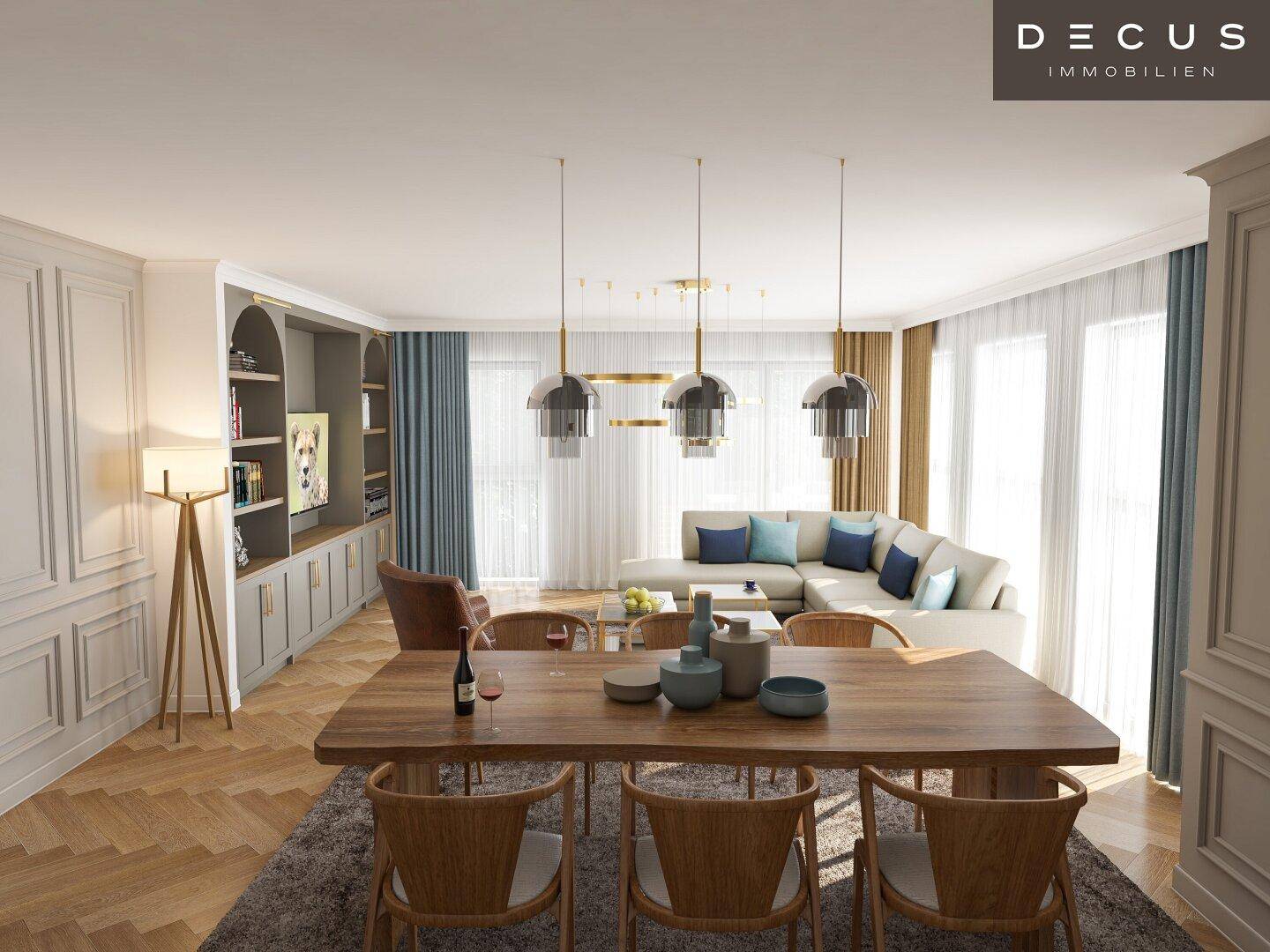 Eleganter Wohn-Essbereich mit Holzboden, großem Esstisch und gemütlicher Sitzecke.