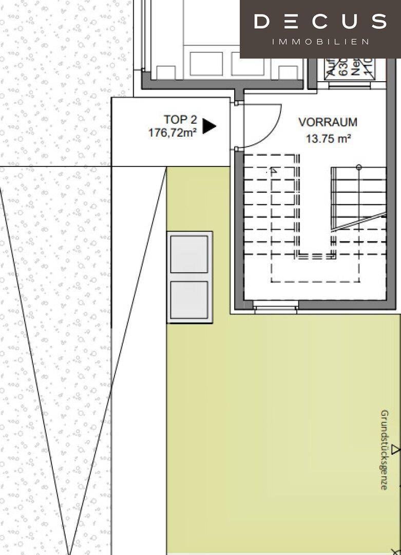 Grundriss des Eingangsbereichs mit Vorraum und Zugang zum Gartenbereich.