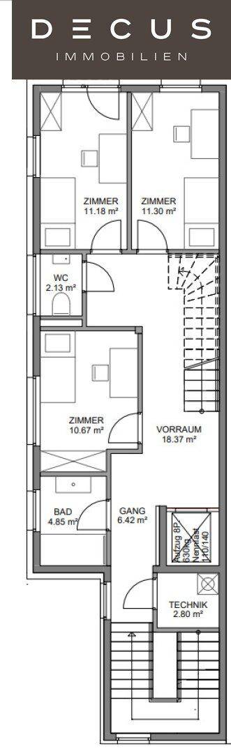 Grundriss einer oberen Etage mit drei Zimmern, Bad und separatem WC.
