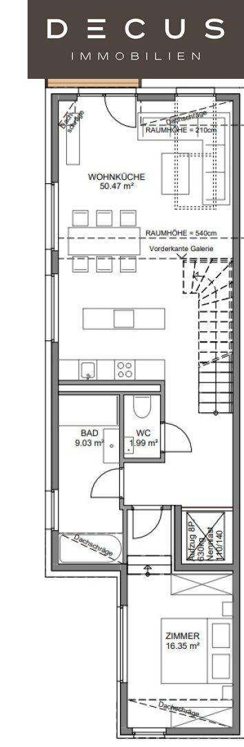 Grundriss der Wohnebene mit offener Wohnküche, Bad und einem weiteren Zimmer.