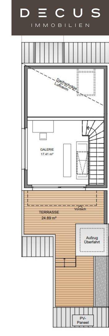 Grundriss der obersten Etage mit Galerie, Dachschräge und großer Terrasse.