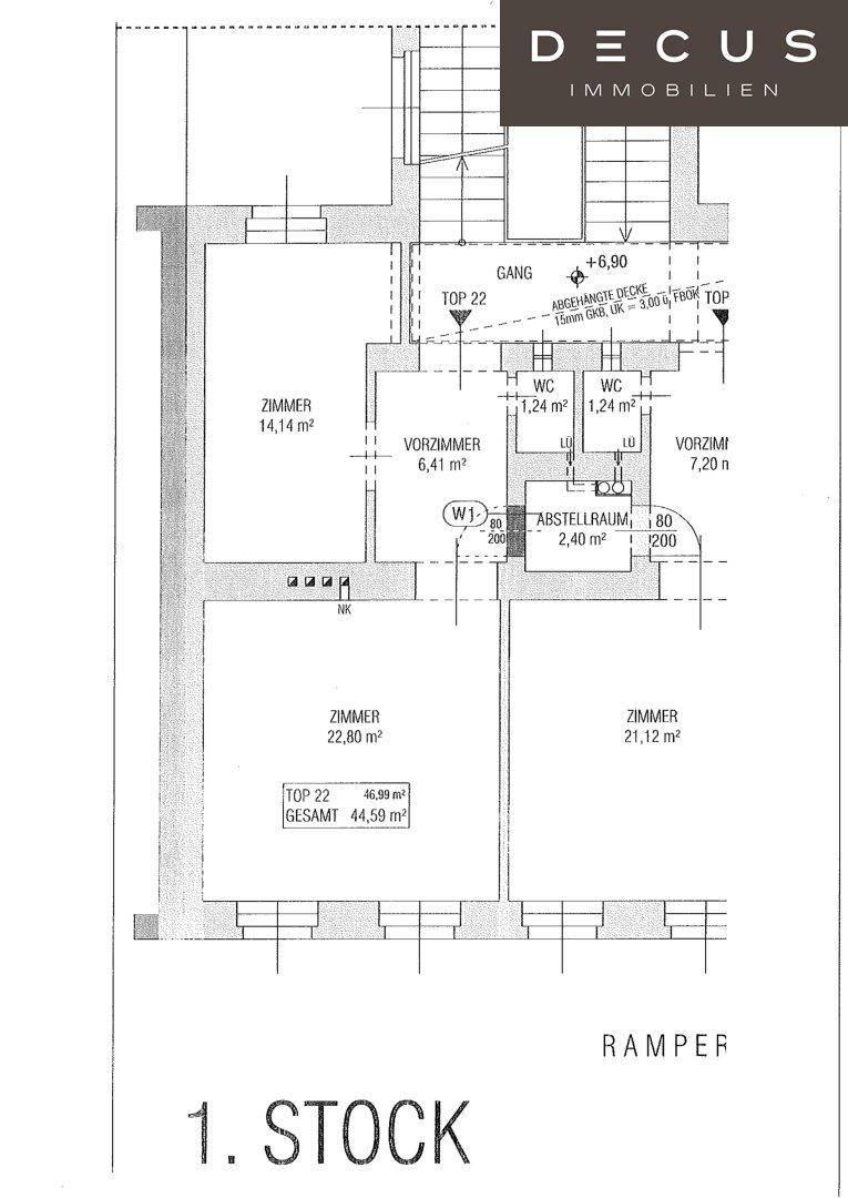 Grundriss für eine Wohneinheit mit Zimmern, Vorzimmer, Abstellraum und WCs.