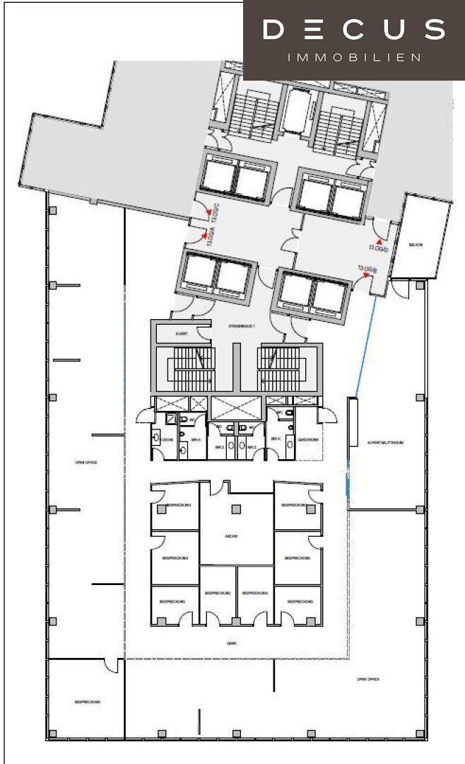 Grundrissplan mit mehreren Büroeinheiten, Treppenhäusern und Sanitärbereichen.