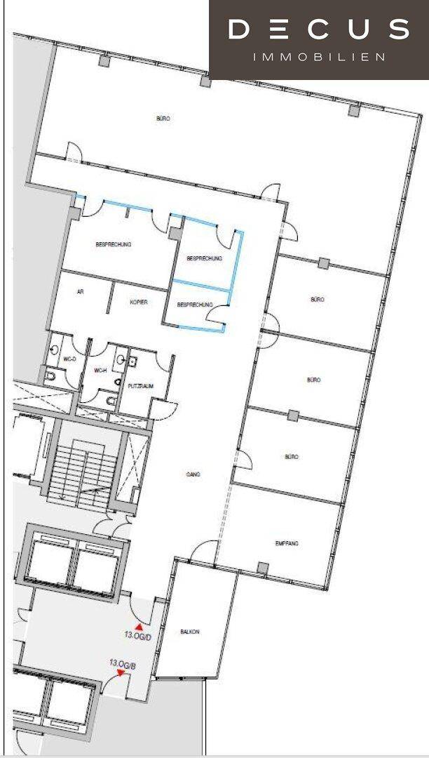 Grundrissplan zeigt eine Büroetage mit mehreren Büros, Besprechungsräumen und einem Empfangsbereich.