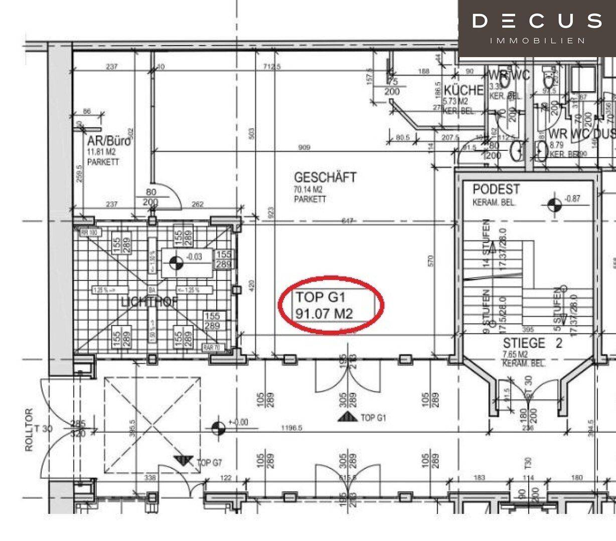 Grundrissplan einer Gewerbeeinheit mit Büro und Ladenfläche, inklusive Flächenangaben.