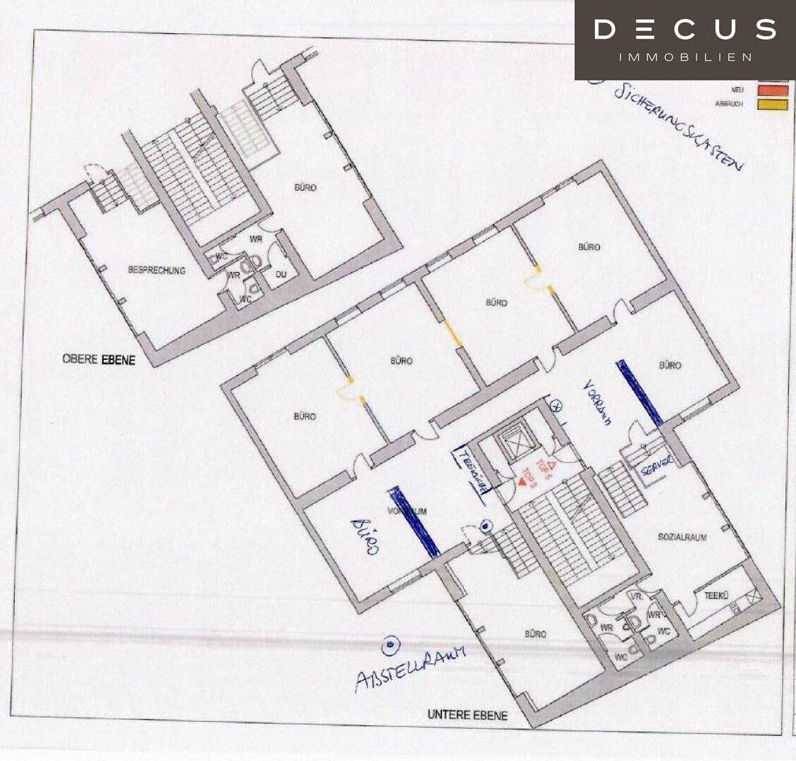 Grundrissplan zeigt die Aufteilung der Büroräume auf zwei Ebenen mit Treppen und Sanitärbereichen.
