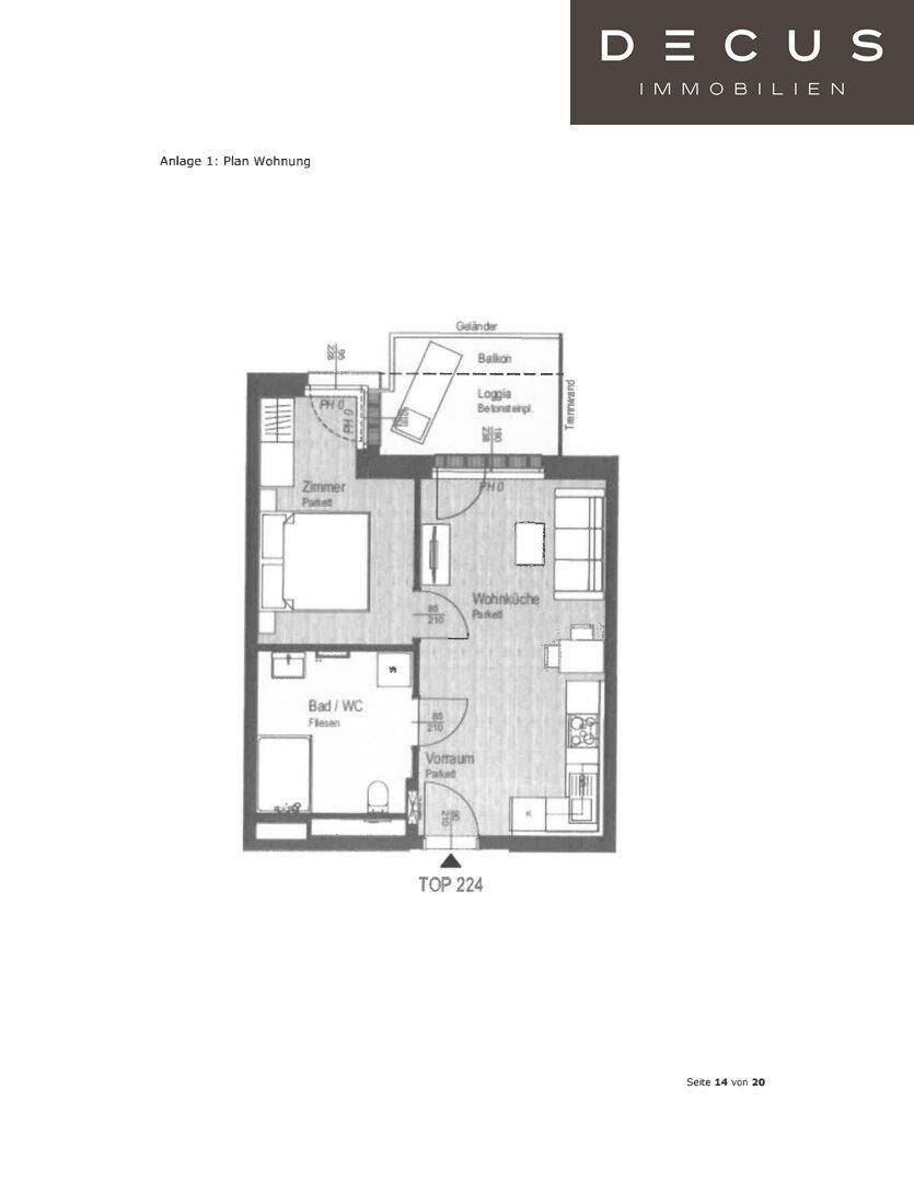 Grundriss einer Wohnung mit offenem Wohnbereich, Schlafzimmer und Zugang zu Balkon und Loggia.