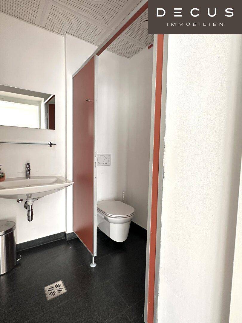 Modernes WC mit Waschbecken und dunklen Fliesen, durch Trennwände abgetrennt und gut beleuchtet.